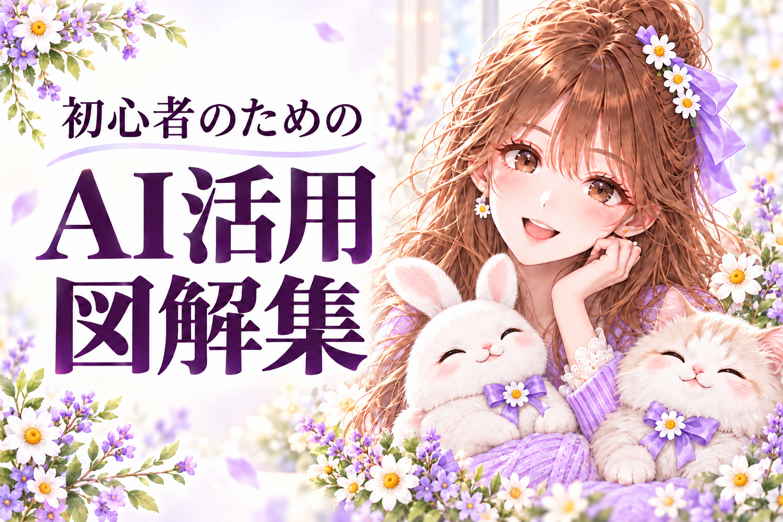 初心者のためのAI活用図解集。女性とうさぎ、猫を描いたラベンダー色の表紙
