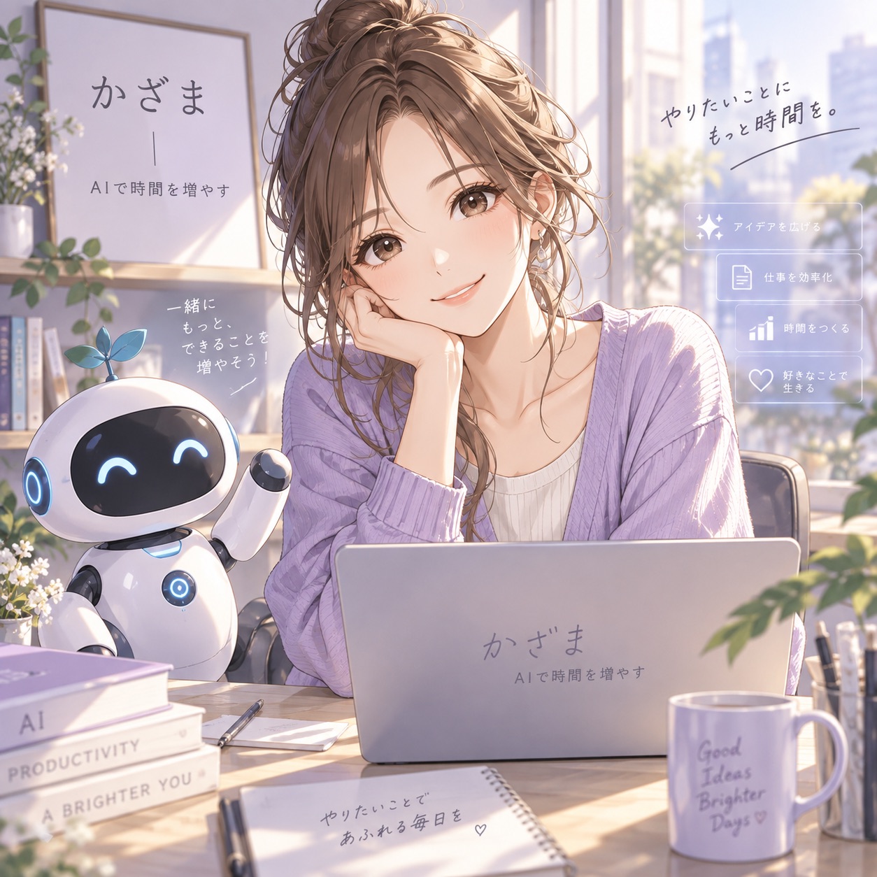 ラベンダー色のカーディガンを着たかざまと、小さなAIロボ
