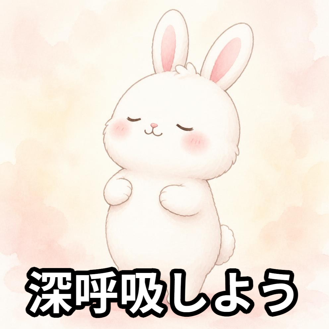 目を閉じた白いうさぎと「深呼吸しよう」の文字