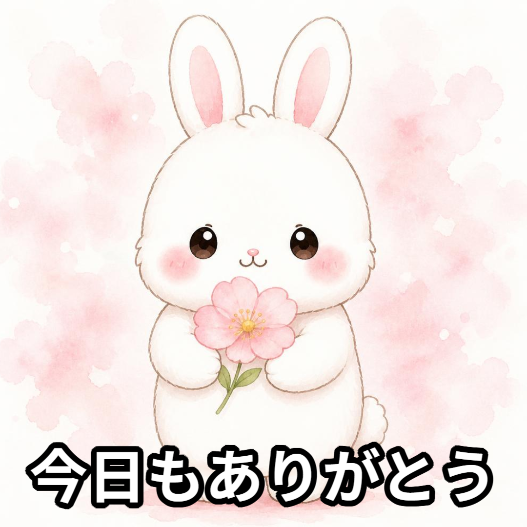 ピンクの花を持つ白いうさぎと「今日もありがとう」の文字